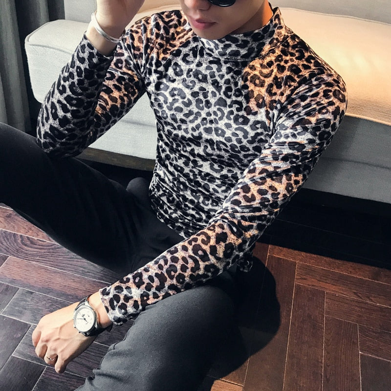 Turtleneck Leopard Style Printed Long Sleeve T-Shirt