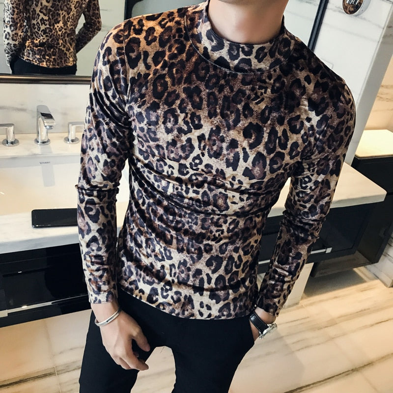 Turtleneck Leopard Style Printed Long Sleeve T-Shirt