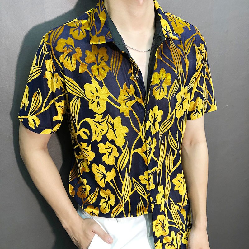 Yellow Black Floral Velvet Shirt