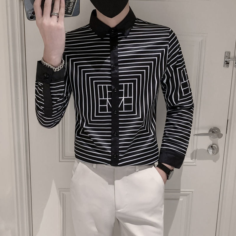 Black White Rectangle Lines Printed Long Sleeve Shirt