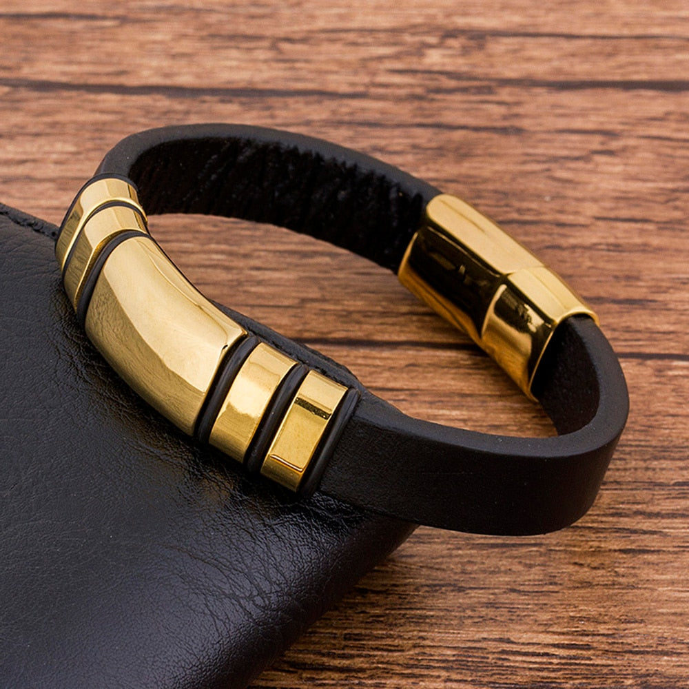 Genuine Leather Gold Stainless Steel Clasp Bracelet