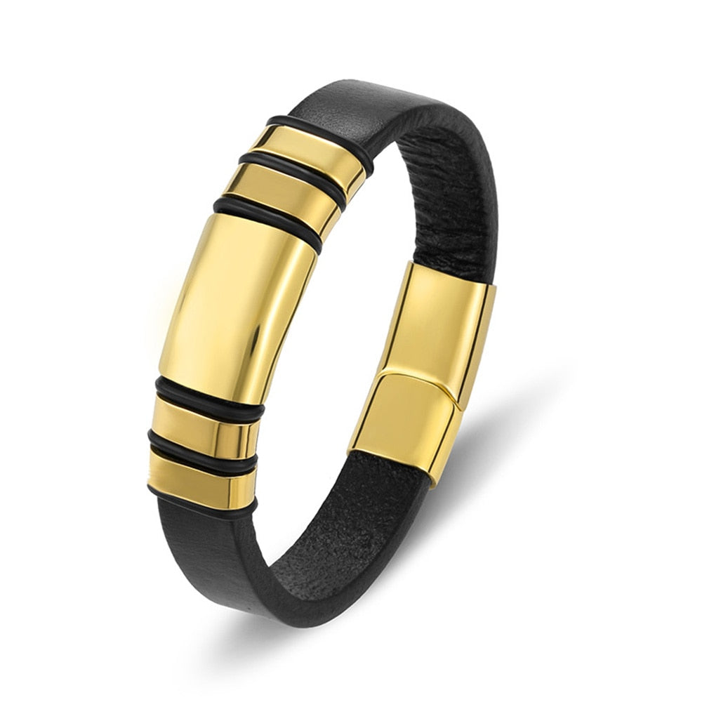 Genuine Leather Gold Stainless Steel Clasp Bracelet