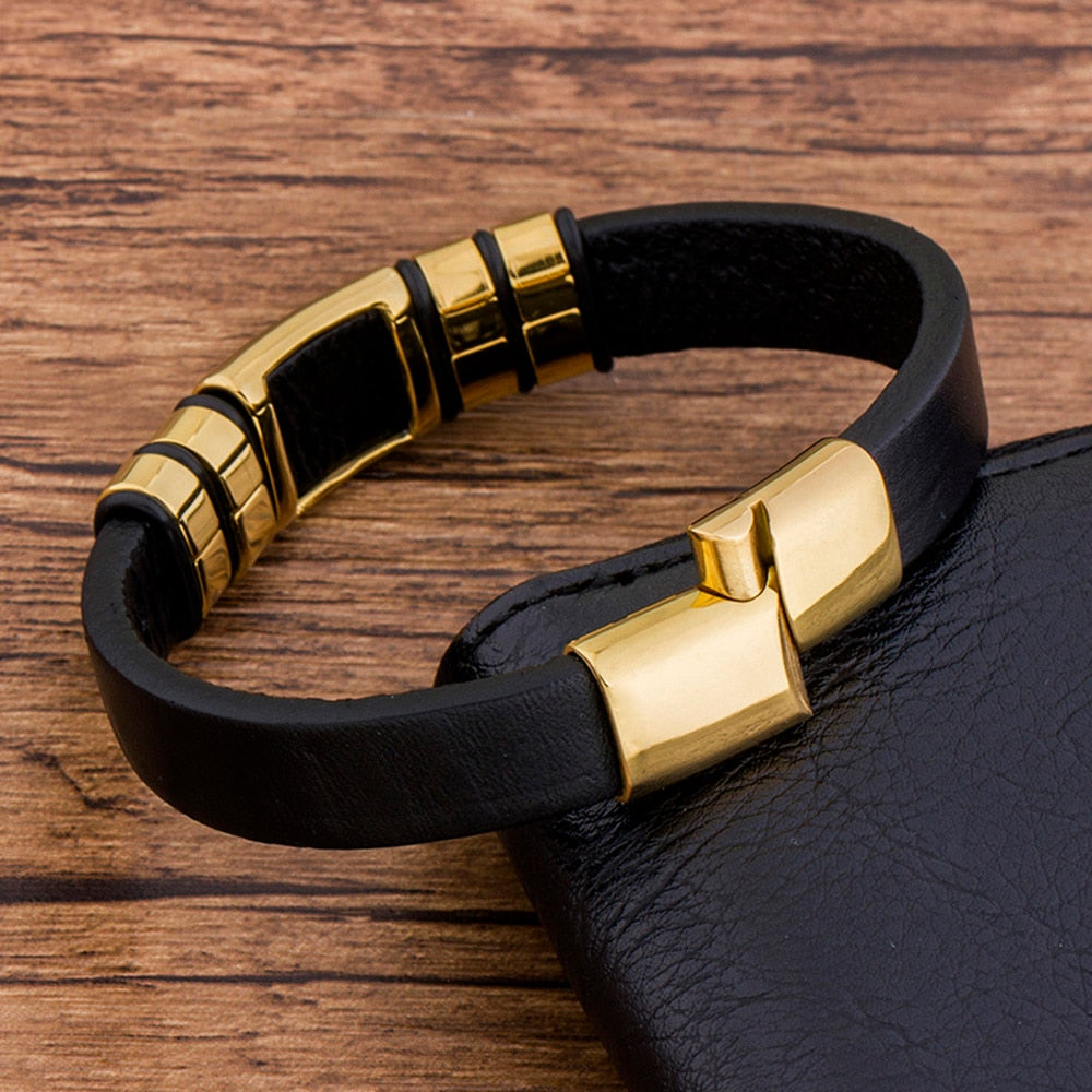 Genuine Leather Gold Stainless Steel Clasp Bracelet