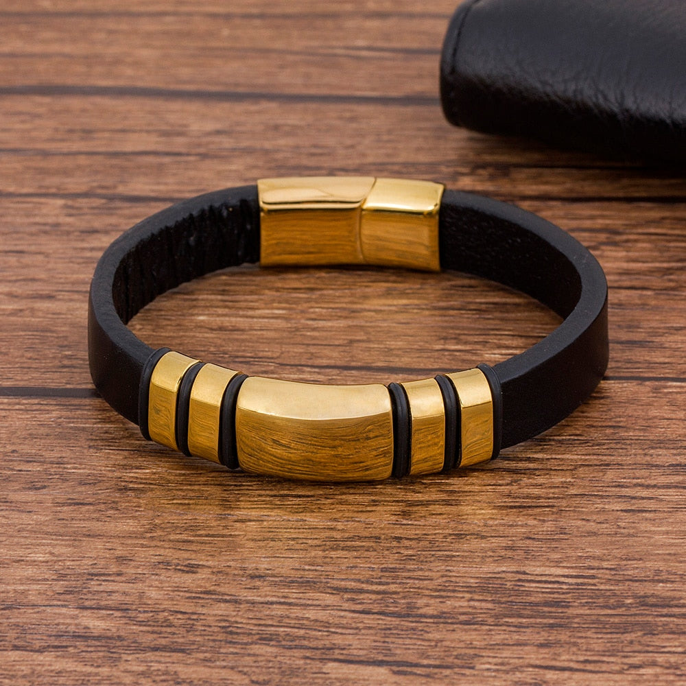 Genuine Leather Gold Stainless Steel Clasp Bracelet