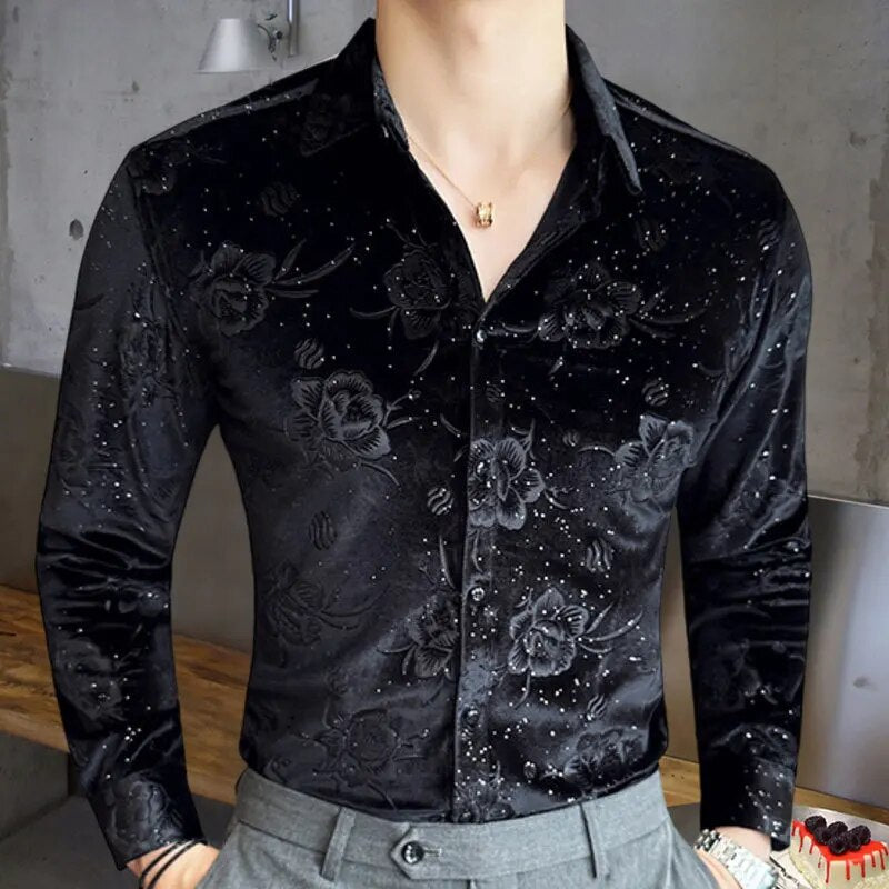 Floral Pattern Velvet Slim Fit Shirt