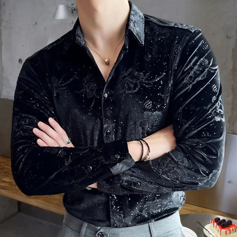 Floral Pattern Velvet Slim Fit Shirt