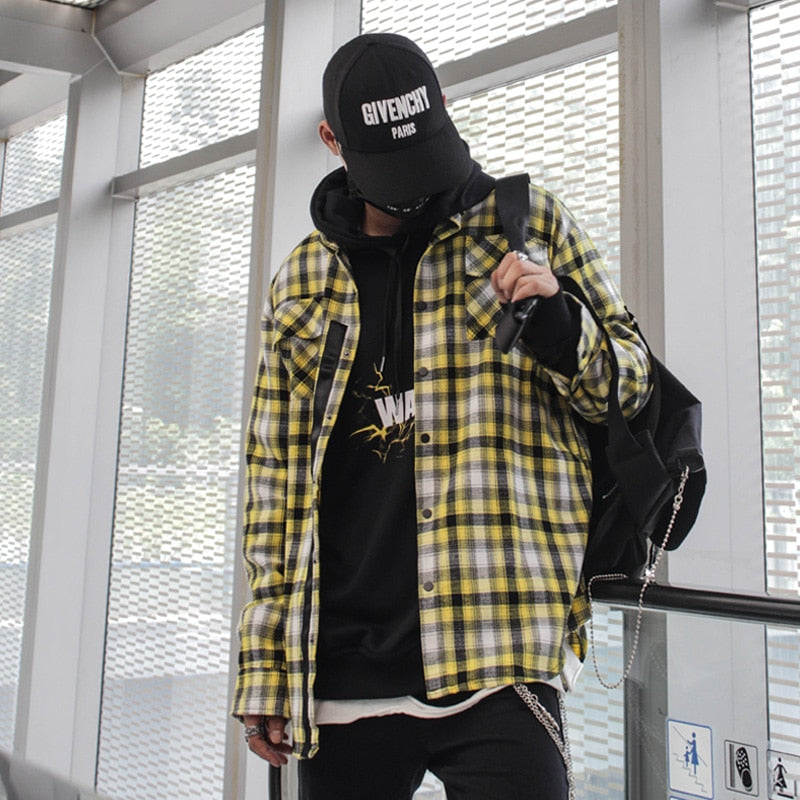 Oversized Plaid Printed Chinese Letters Men Shirt