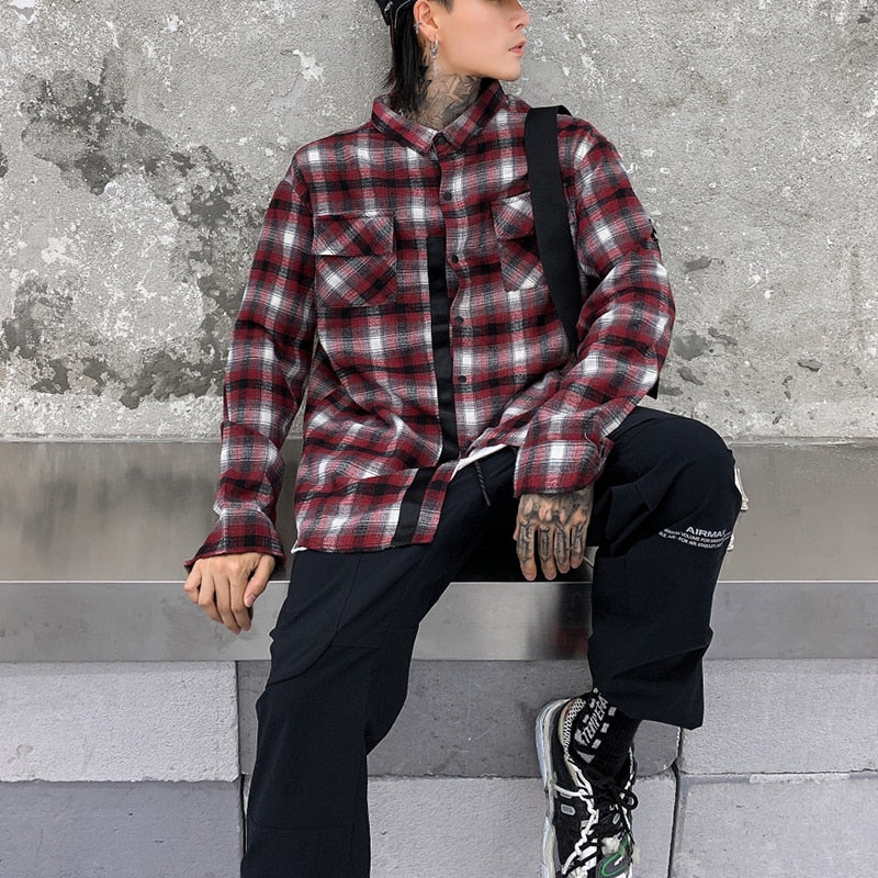Oversized Plaid Printed Chinese Letters Men Shirt