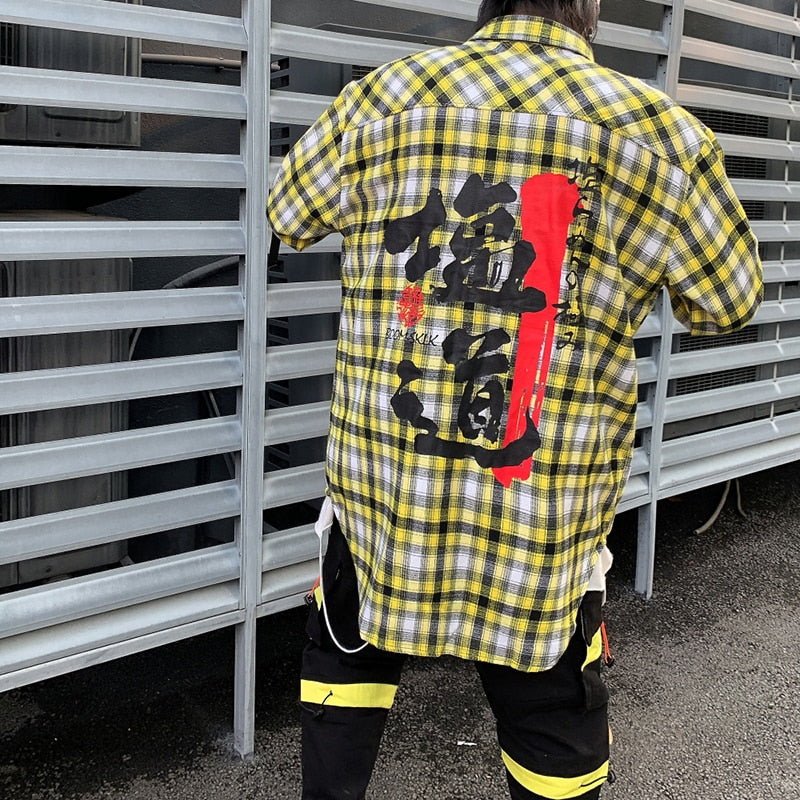 Oversized Plaid Printed Chinese Letters Men Shirt