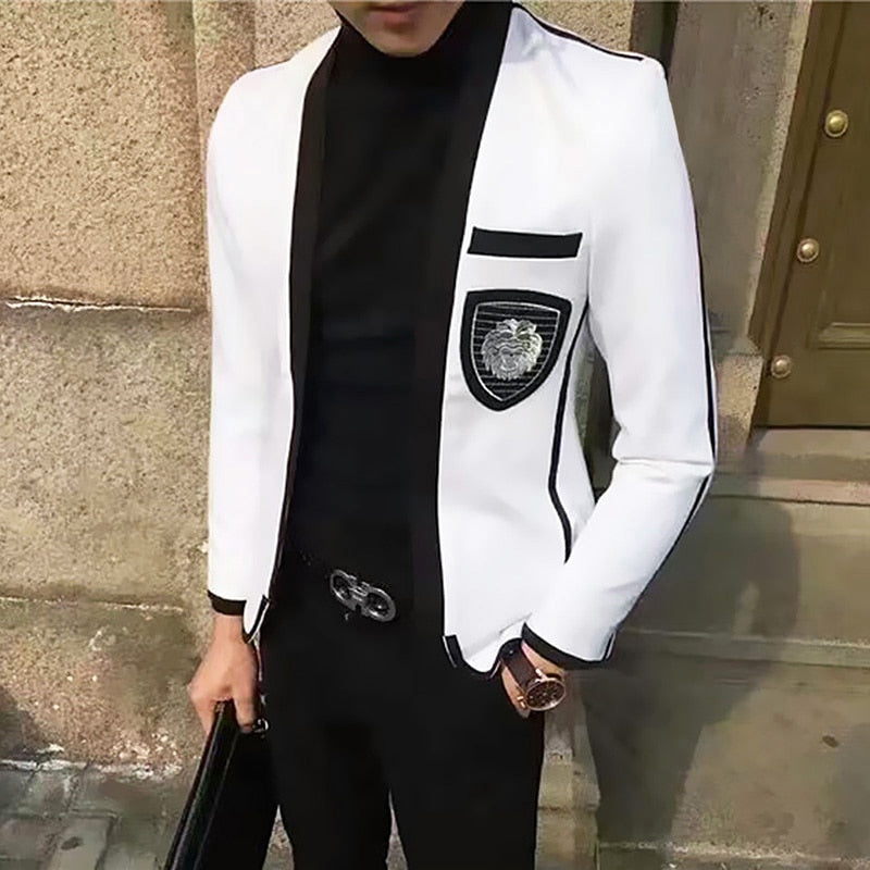 White College Style with Black Badge Detail Men Blazer