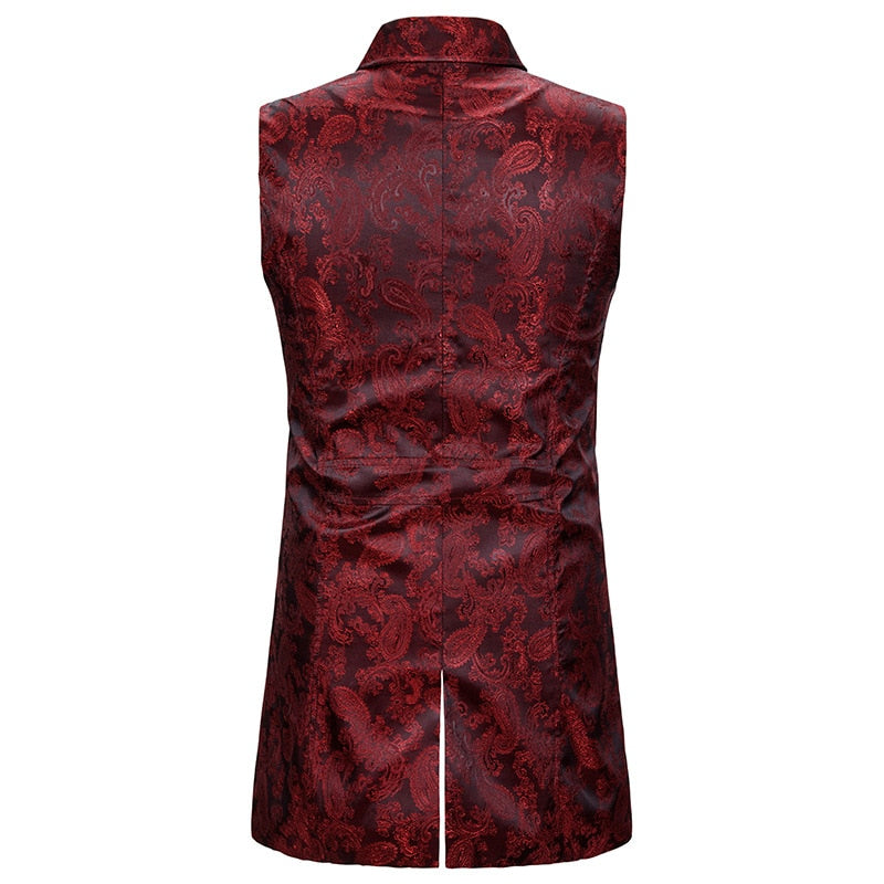 Wine Red Paisley Jacquard Long Vest