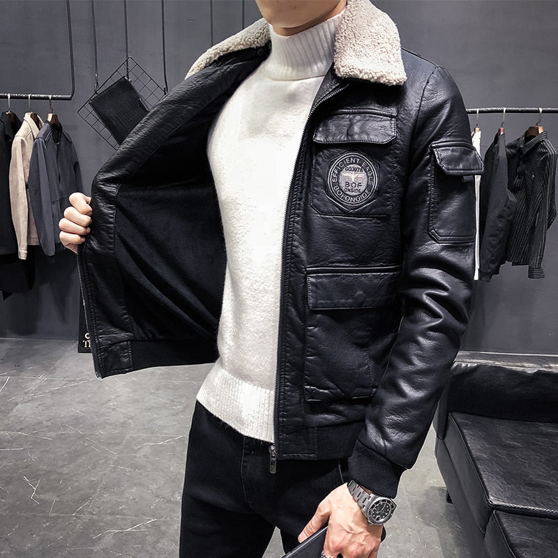 Winter Black Leather with Detachable Wool Collar Combination Men Jackets