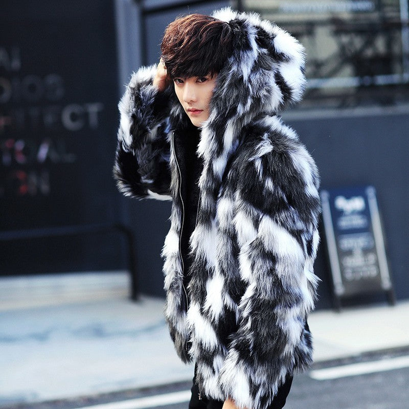 Black and White Fur Luxurious Men Jacket with Hoody - FanFreakz