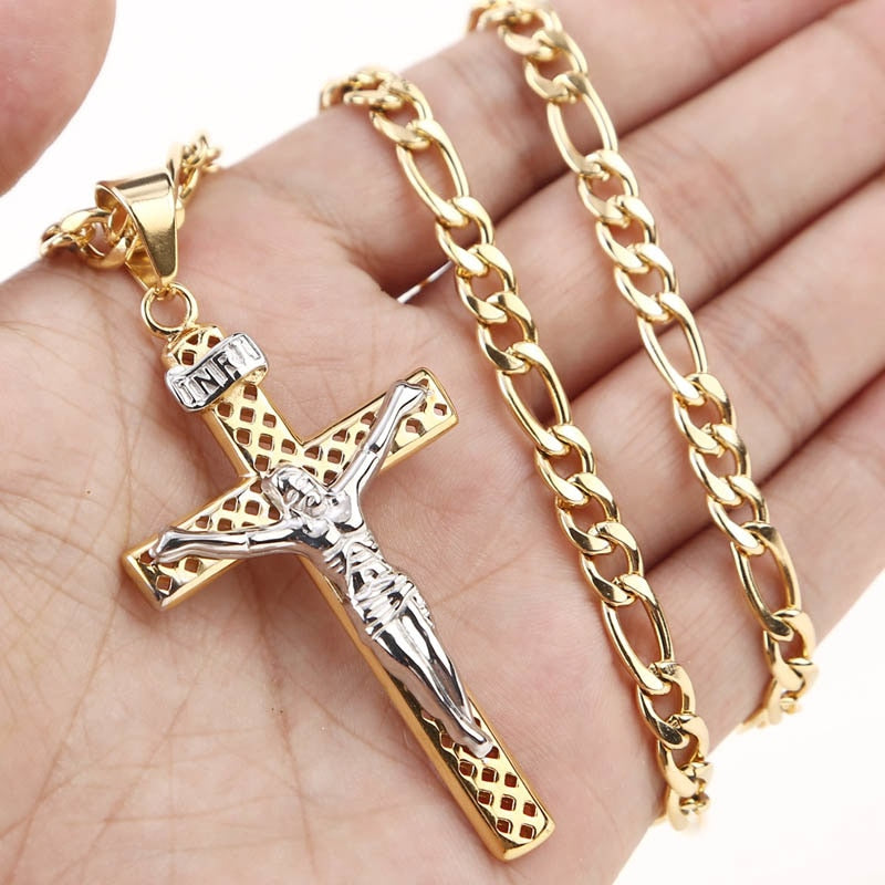 Christian Cross Pendant Stainless Steel Hollow Chain Men Necklaces