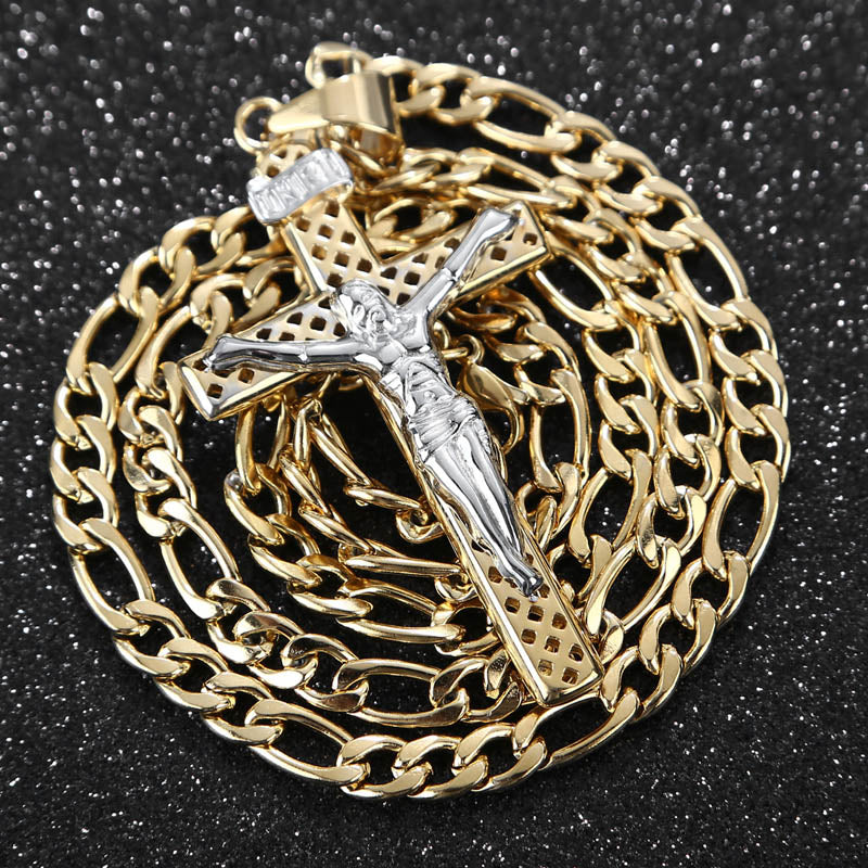 Christian Cross Pendant Stainless Steel Hollow Chain Men Necklaces