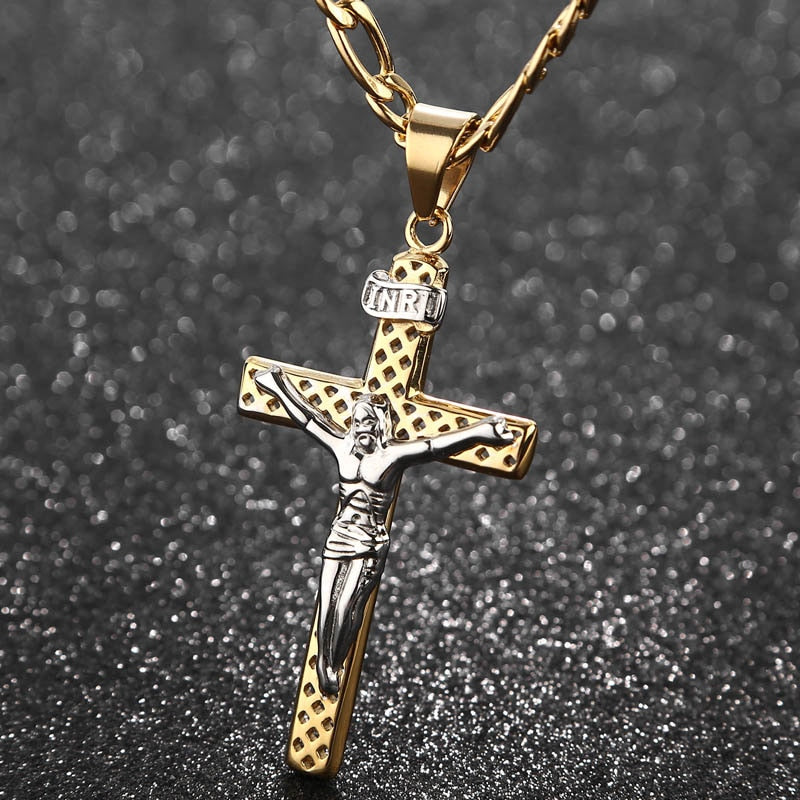 Christian Cross Pendant Stainless Steel Hollow Chain Men Necklaces