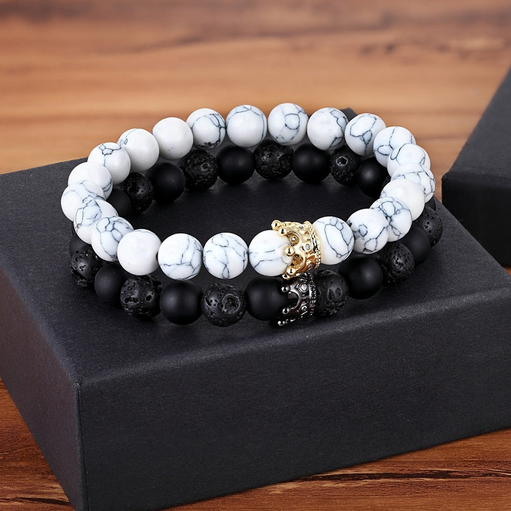 Natural Stone Matte Onyx Stone with Crown Accessories Men Beads Bracelet