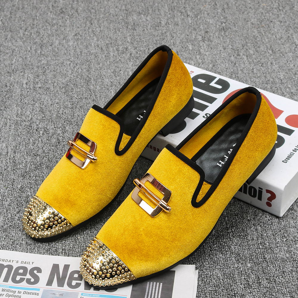 Yellow Gold Velvet with Rivets Toe Men Loafers Shoes