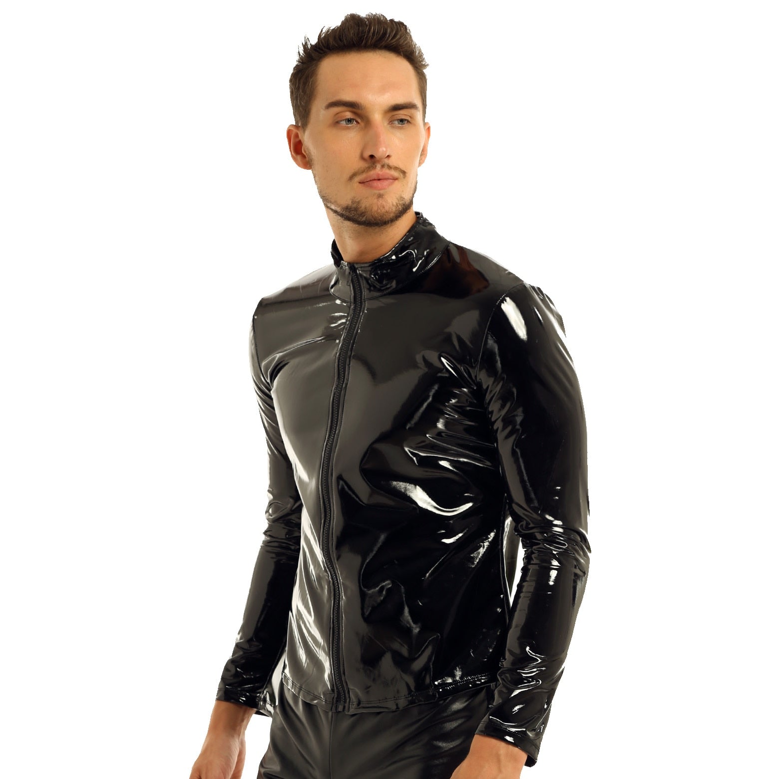 Metallic Front-zip Stand Collar Shirt