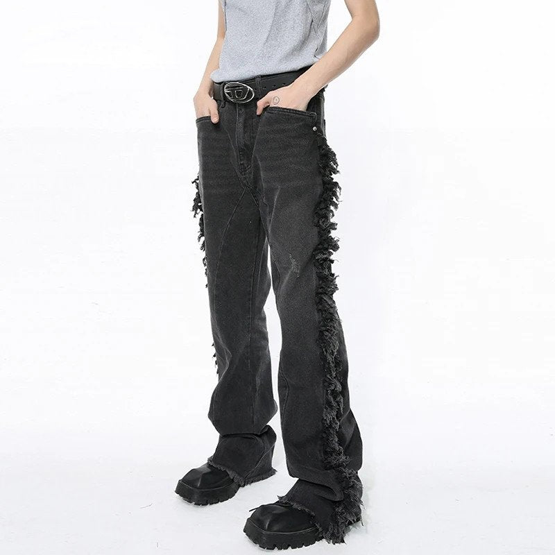 Black Ragged Edge Splicing Denim Jeans