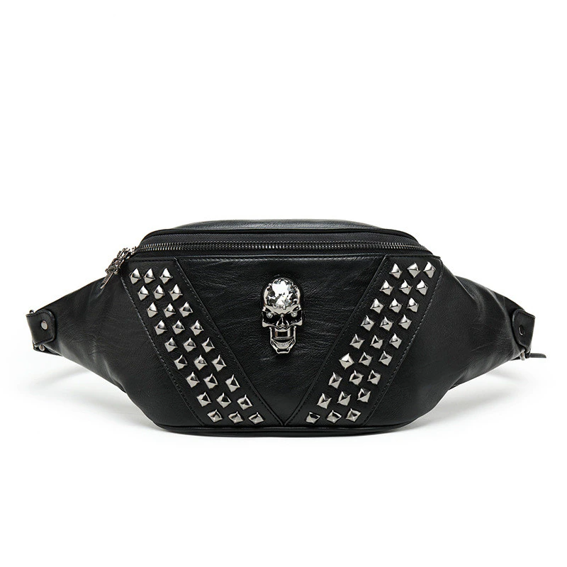 Black Solid Skull Leather Waist Bag