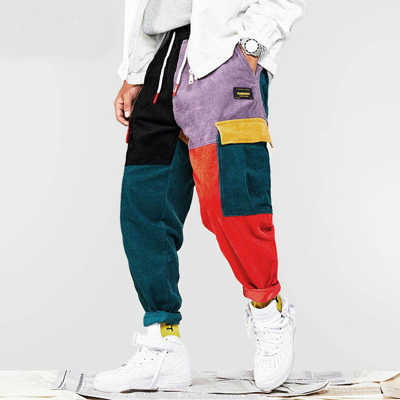 Brick Colour Block Patchwork Corduroy Streetwear Men Cargo Pants - FanFreakz