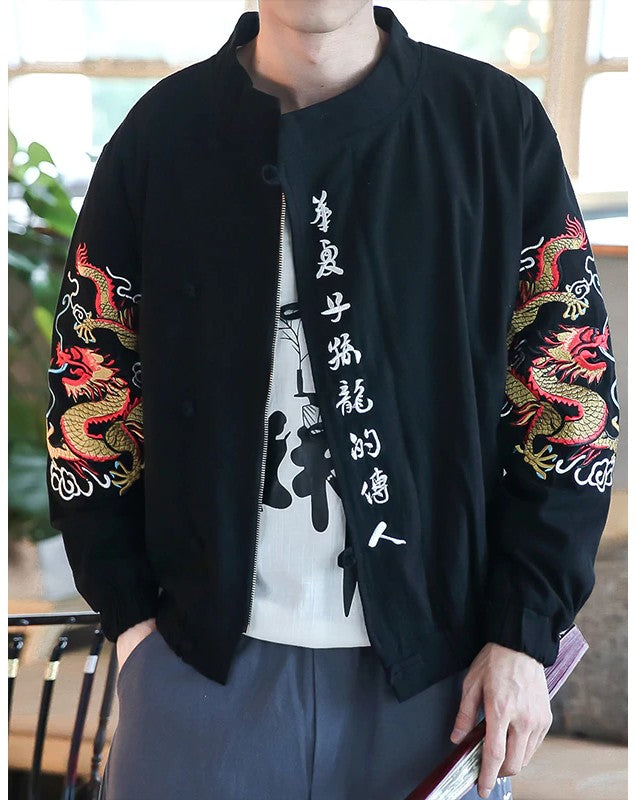 Chinese Calligraph And Dragon Embroidery Design Men Jacket - FanFreakz