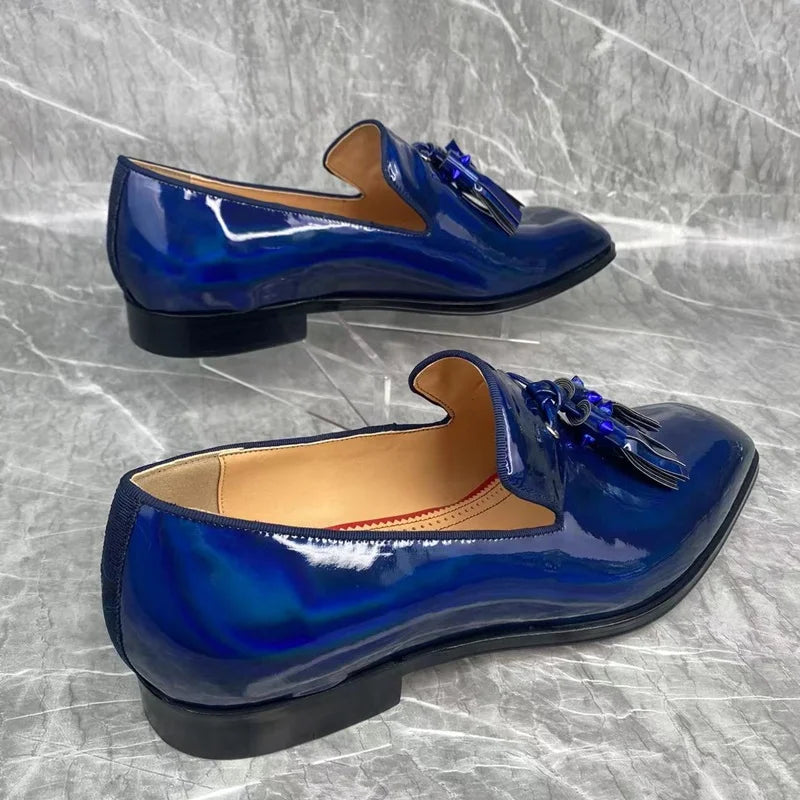 Blue Shiny with Tassels Leather Shoes