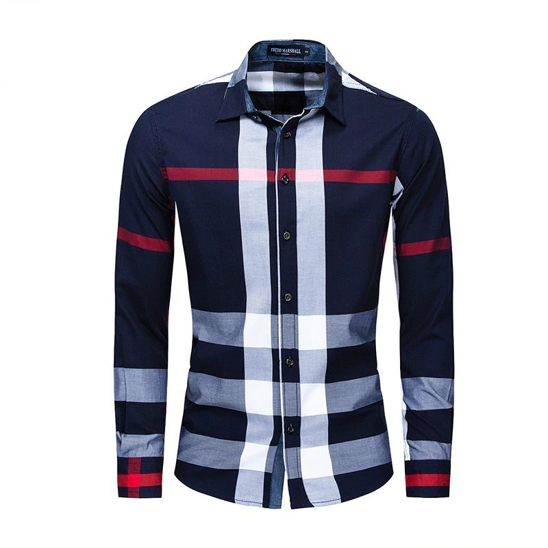 Casual Vertical Plaid Men Slim Fit Shirt