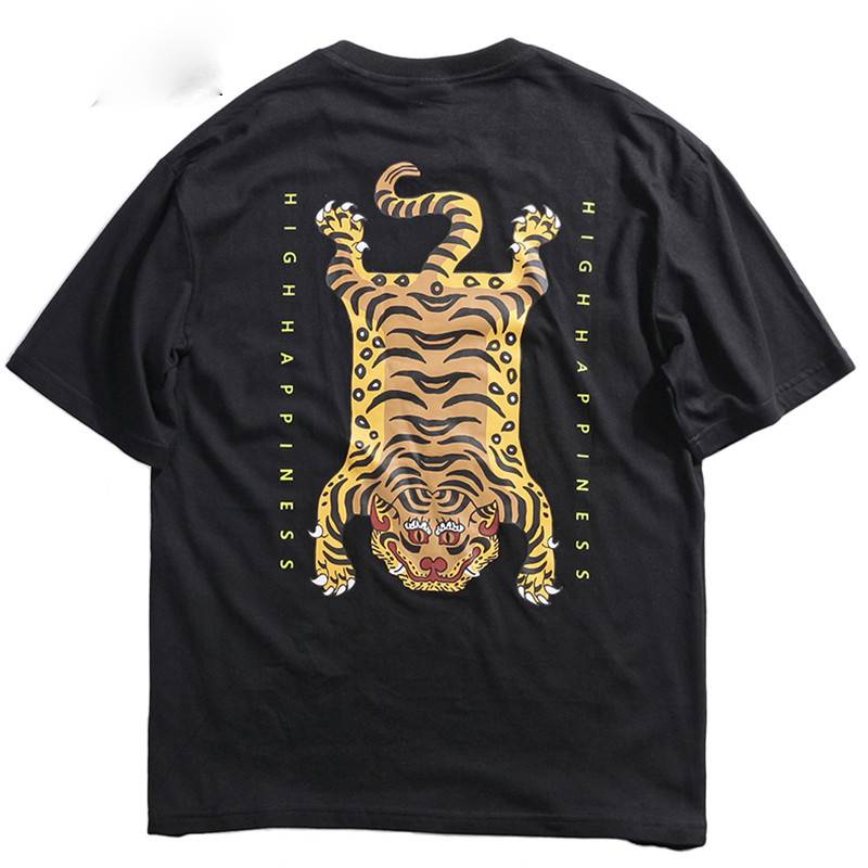 Funny Tiger Print with Chinese Letter Detail Men T-Shirt