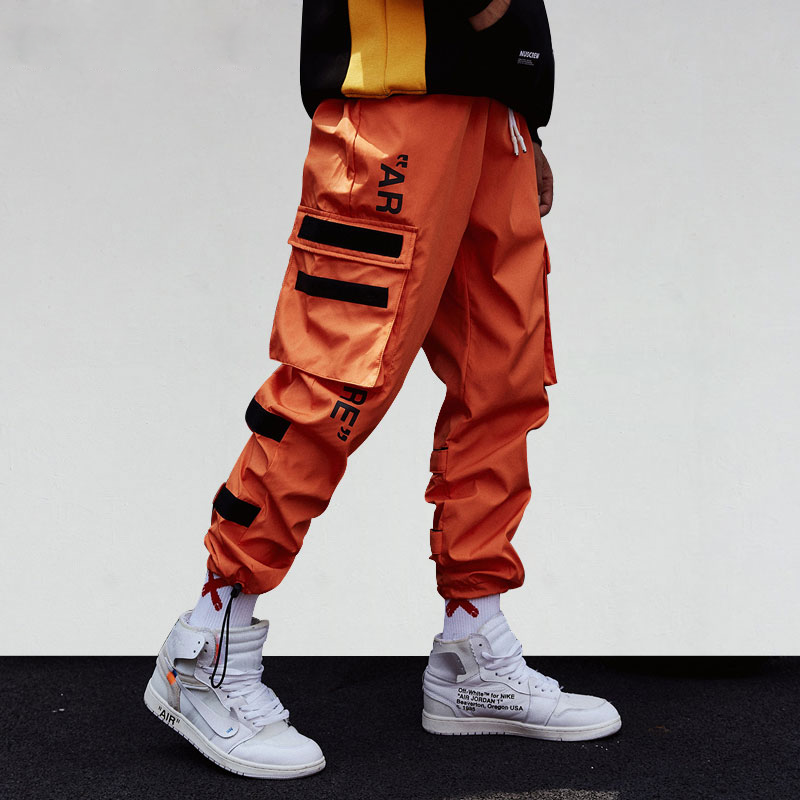 Orange Side Pockets Cargo Hip Hop Casual Men Streetwear Pants