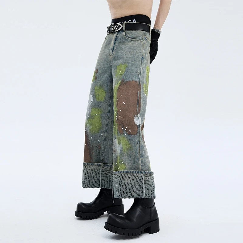 Hip Hop Graffiti Contrasting Color Wide Leg Jeans