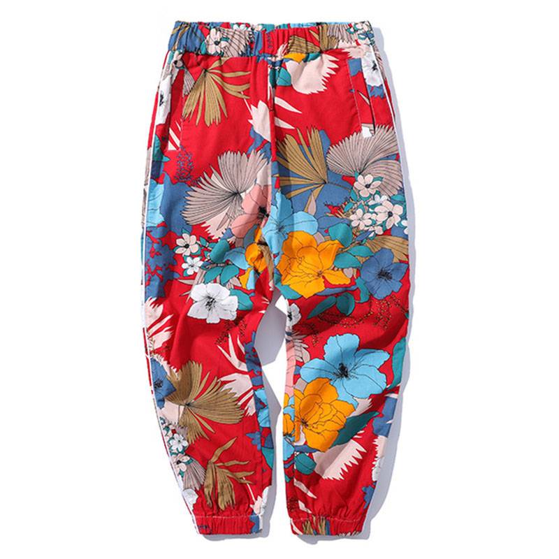 Red Bright Floral Printed Elastic Waist Jogger Casual Men Pants