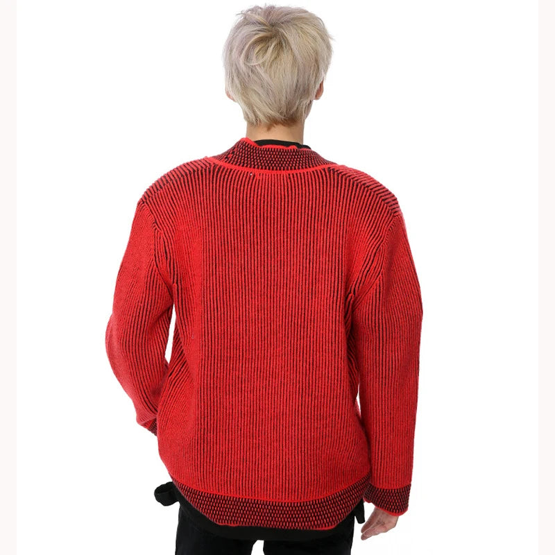 Red Solid Striped V-Neck Sweater