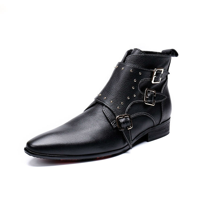 Black Strap Cowboy Flat Style Men Leather Boots - FanFreakz