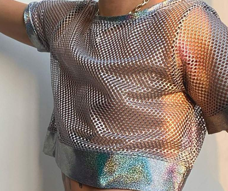 Silver Net See Through Mesh Patchwork T-Shirts