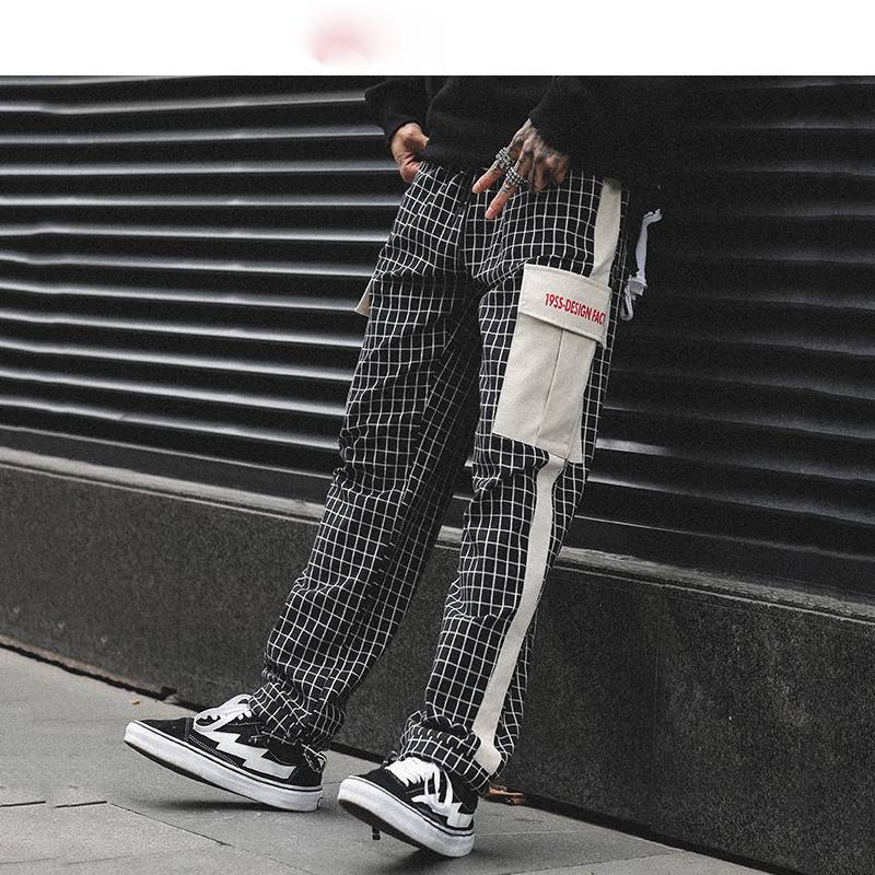 Plaid with Patchwork Side Pocket Streetwear Joggers Hip Hop Casual Men Pants