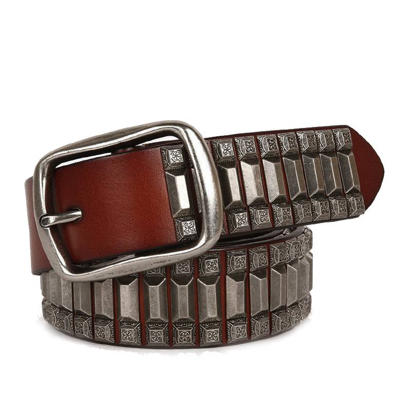 Geometric Metal Studded Genuine Leather Belt