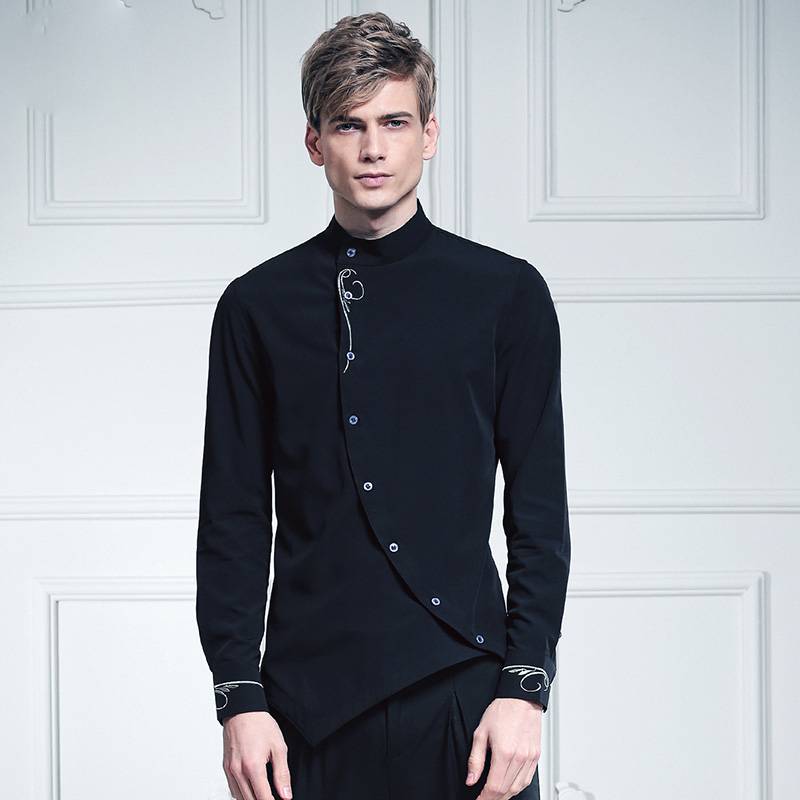 Casual Black with Thorn Embroidered Asymmetry Button Men Shirt