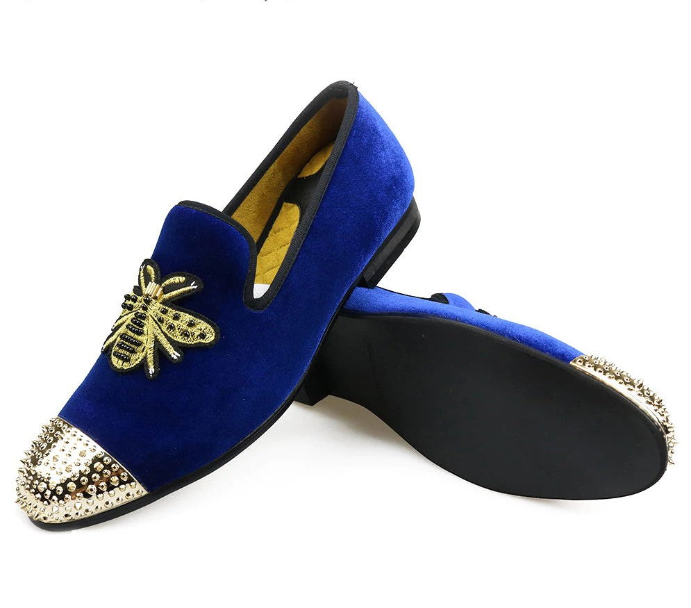 Golden Bee with Rivets Toes Men Velvet Loafers