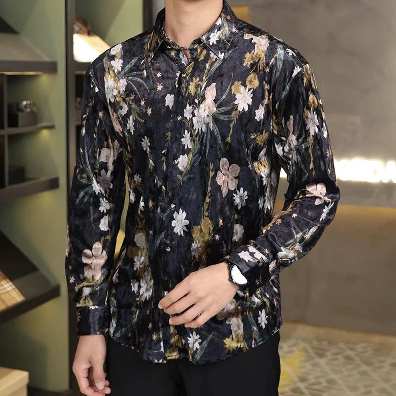 Polyester Black Floral Long Sleeve Shirt