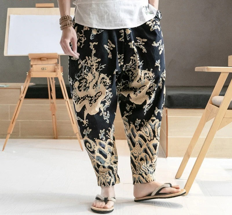 Chinese Dragon Print Wide Leg Japanese Streetwear Style Men Joggers Pants - FanFreakz