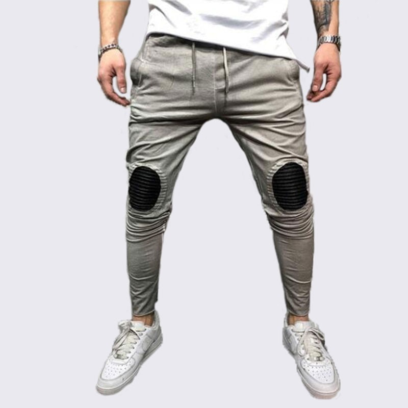 Oval Patched Knee Streetwear Men Drawstring Pants