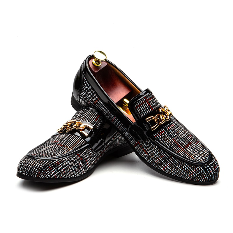 Luxury Plaid with Metal Chain Decoration Men Loafers Shoes