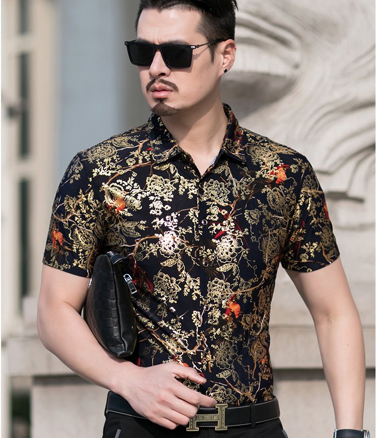 Gold Floral Printed Polyester Shirt