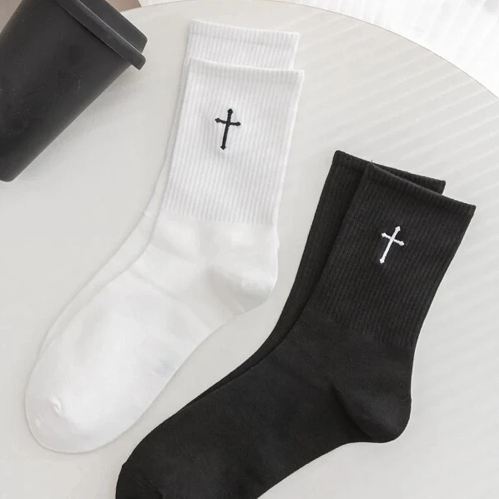 Black White Cross Mid Length Socks