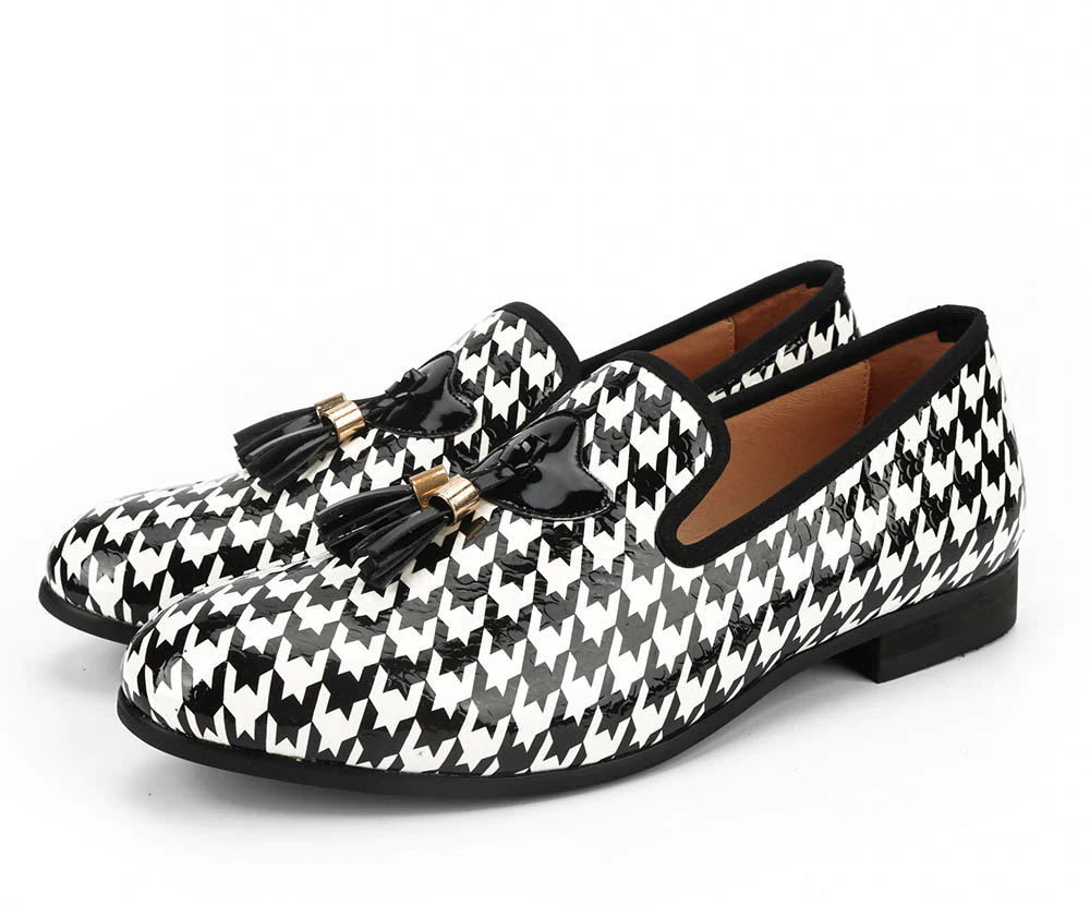 Black White Print Pattern with Tassel Men Shoes