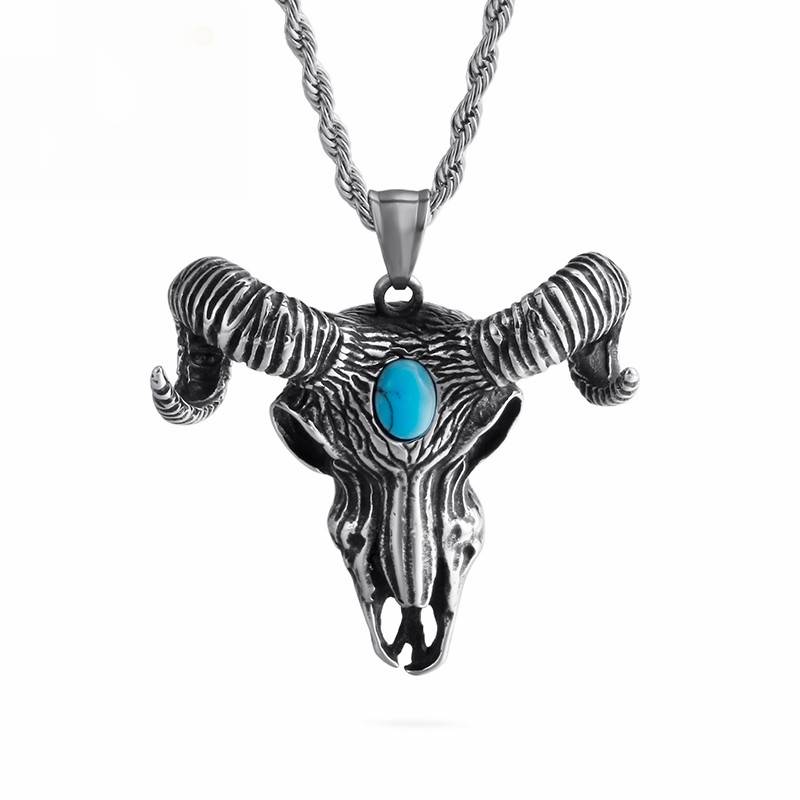 Stainless Steel Goat Horn Pendant with Blue Stone Men Necklace