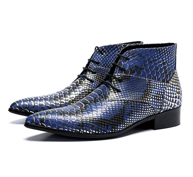 Luxury Pointed Toe Blue Pattern Men Ankle Boots