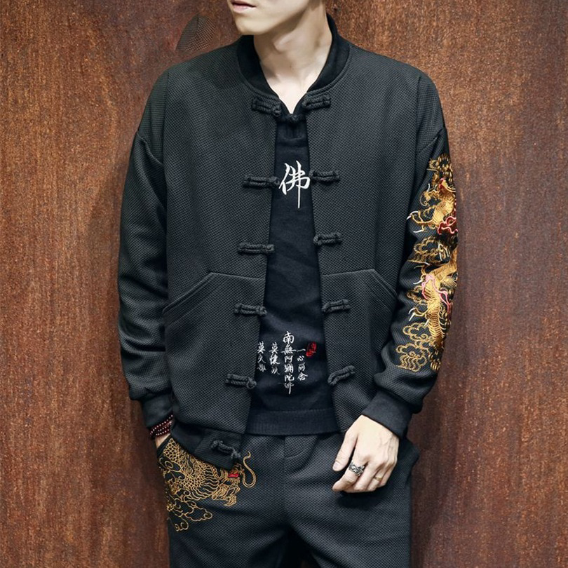 Black with Embroidery Chinese Style Men Jacket - FanFreakz